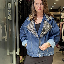 Yaka Zımbalı Lacivert Kot Ceket