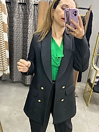 Siyah Düğmeli Astarlı Kadın Blazer Ceket