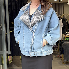 Yaka Zımbalı Mavi Kot Ceket