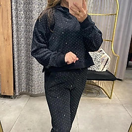 Taşlı Kapşonlu Kadife Eşofman Takım