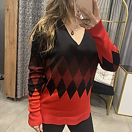 İnce Baklava Deden Detaylı V Yaka Triko Kazak