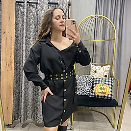 Tek Omuz Detaylı Kemerli Zımbalı Kadın Elbise