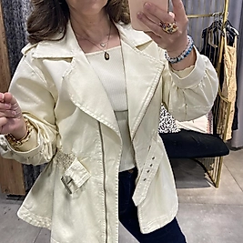 Beli Lastikli Tasarım Kremrengi Kot Ceket