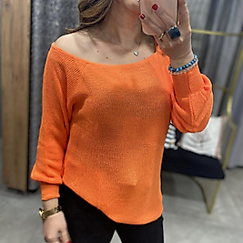 Tek Omuz Olan İnce Turuncu Triko Kazak