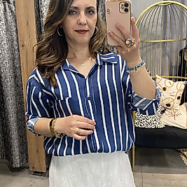 Laciverte Beyaz Çizgili Kadın Gömlek