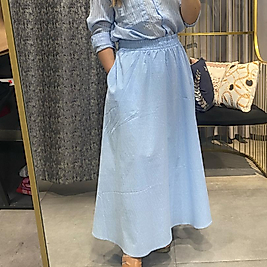 Beli Lastikli Yandan Cepli Uzun Mavi Etek