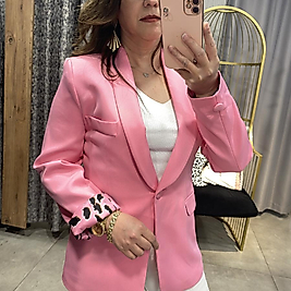 Tek Düğme Leopar Astarlı Toz Pembe Ceket