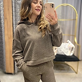 Taşlı Kapşonlu Kadife Eşofman Takım