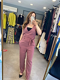 Tensel Kumaş Kruvaze Yaka Mürdüm Kadın Tulum