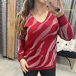 V Yaka Desenli Sim Detaylı Kazak