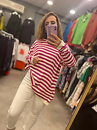 İnce Yana Çizgili Kadın Triko Kazak