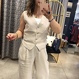 Fiyonk Düğme Yelekli Beli Lastikli Tensel Kumaş 2'li Takım