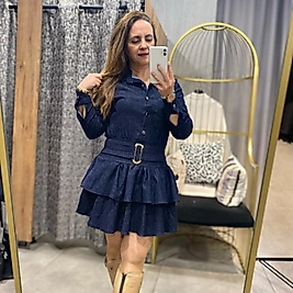 Likralı Mini Katlı Lacivert Kot Elbise