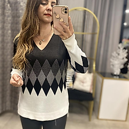 İnce Baklava Deden Detaylı V Yaka Triko Kazak