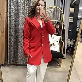 Çift Düğme Düz Renk Astarlı Kırmızı Ceket