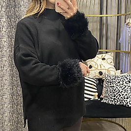 Kolları Tüy Detaylı Uzun Yumuş Kazak