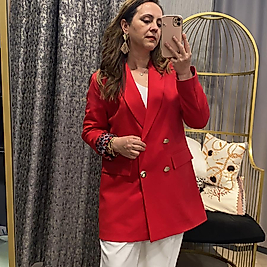 Leopar Astarlı Dört Düğme Kırmızı Ceket