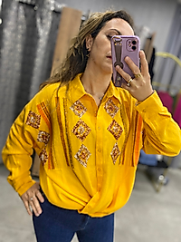 Sarı,Pul İşlemeli Kadın Gömlek