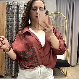 Tensel Taş İşleme Detaylı Oversize Bordo Kadın Gömlek