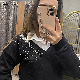 İnci Detaylı Ön Ve Arka V Yaka Yumuş Siyah Kazak