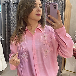 Taş Ve Nakış İşlemeli Pembe Kadın Gömlek