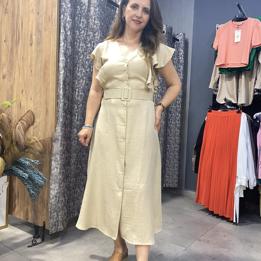 V Yaka Önden Düğmeli Kemerli Midi Boy Elbise